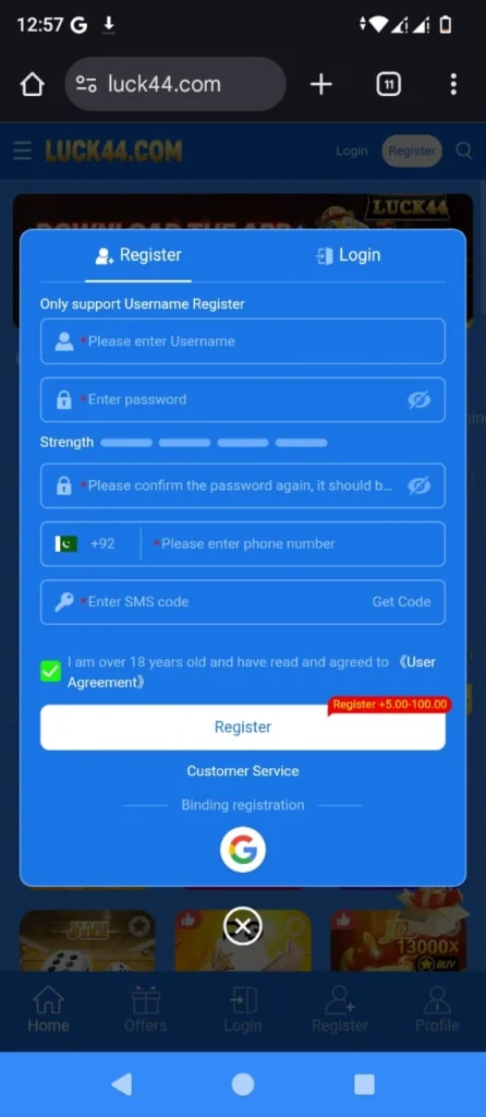 Luck 44 Game register